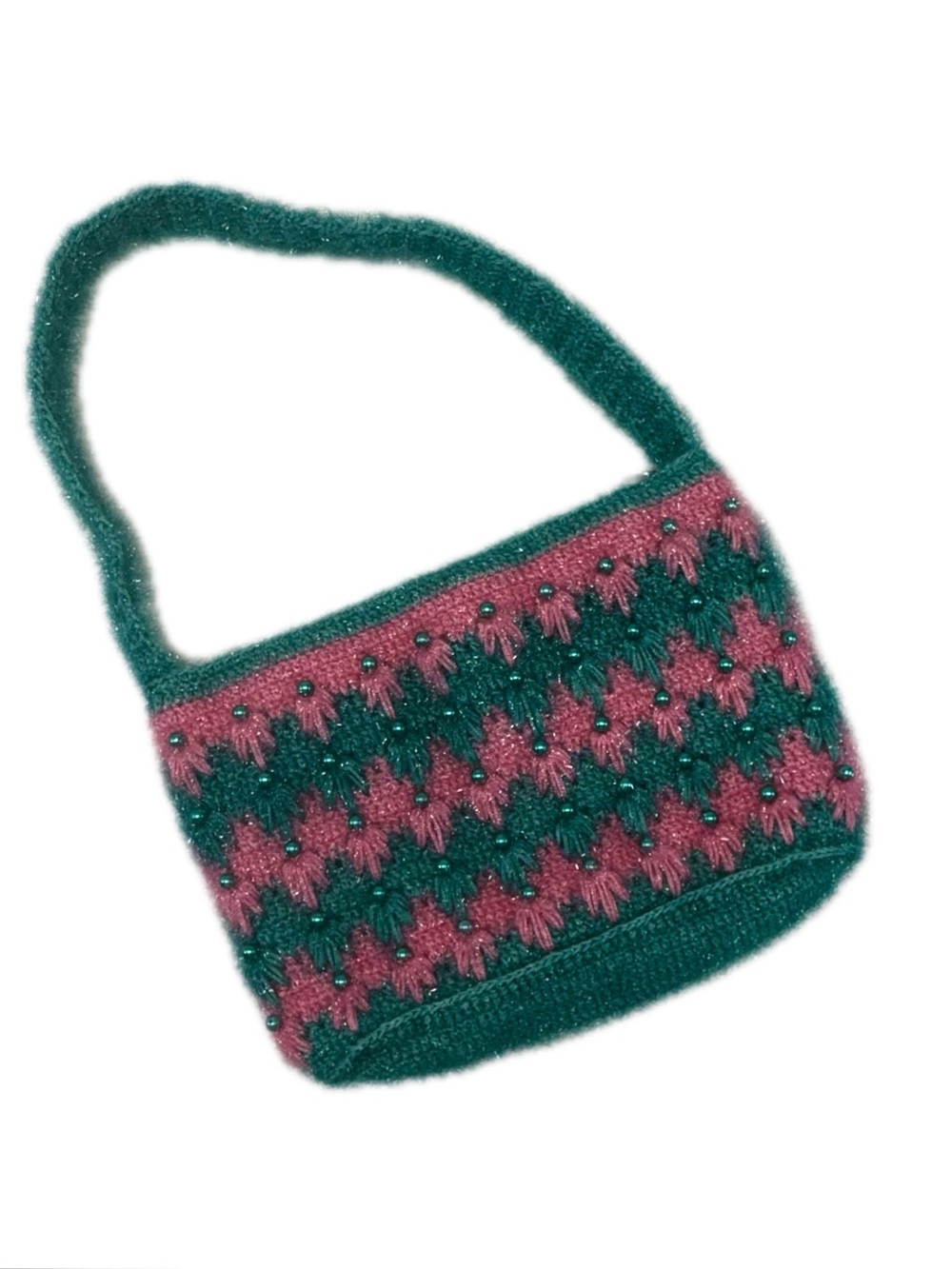 Vintage Style Handmade Knit Shoulder Bag Pink Green Metallic Beaded Purse